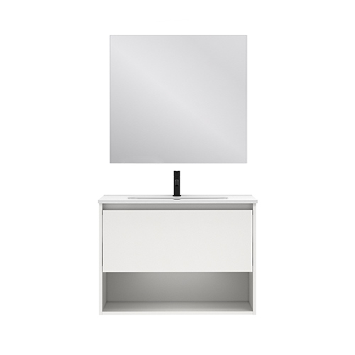 Mueble de baño NIWA de 80 cm con 1 cajón y 1 hueco + espejo KAWA. Acabado Blanco Brillo. Incluye lavabo cerámico integrado - foto 2