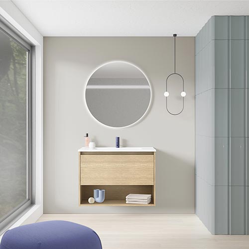 Mueble de baño NIWA de 80 cm con 1 cajón y 1 hueco + espejo KAWA. Acabado Roble Arenado. Incluye lavabo cerámico integrado