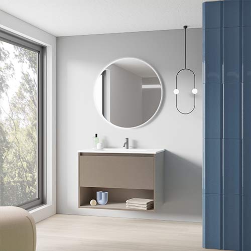 Mueble de baño NIWA de 80 cm con 1 cajón y 1 hueco + espejo KAWA. Acabado Fumé Arenado. Incluye lavabo cerámico integrado