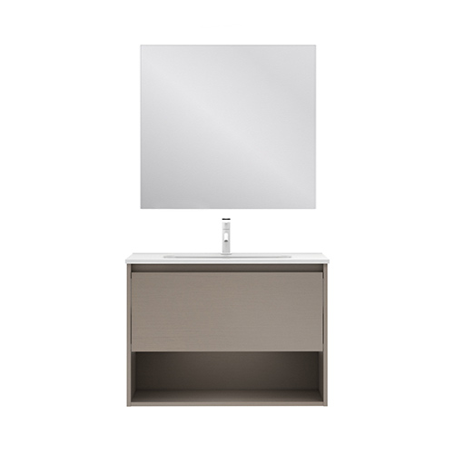Mueble de baño NIWA de 80 cm con 1 cajón y 1 hueco + espejo KAWA. Acabado Fumé Arenado. Incluye lavabo cerámico integrado - foto 2