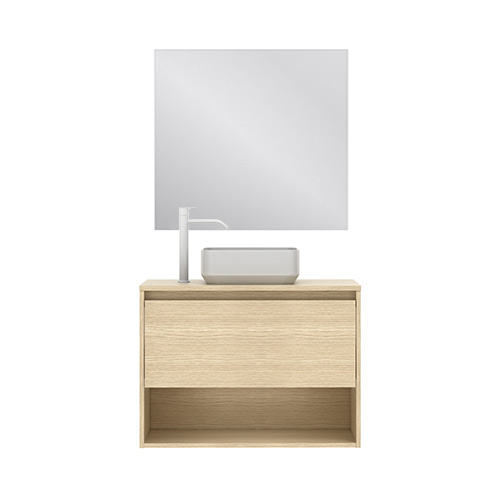 Mueble de baño NIWA TOP de 80 cm con un cajón y un hueco + Espejo KAWA. Acabado en Roble Arenado. | Incluye lavabo cerámico - foto 2