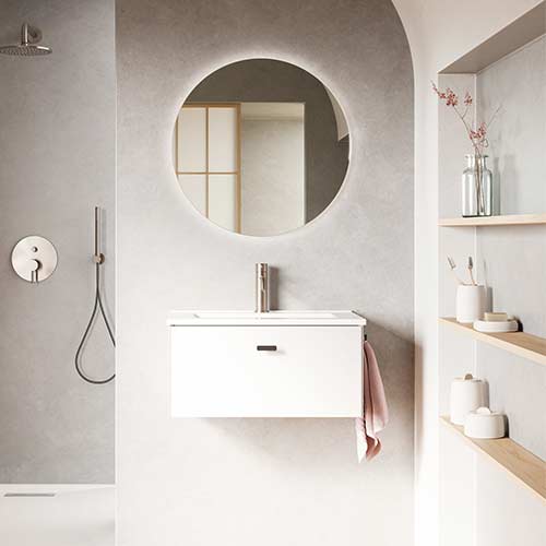 Mueble de baño MEI de 50 cm con un cajón. Acabado en Blanco Opaco. | Incluye lavabo cerámico.