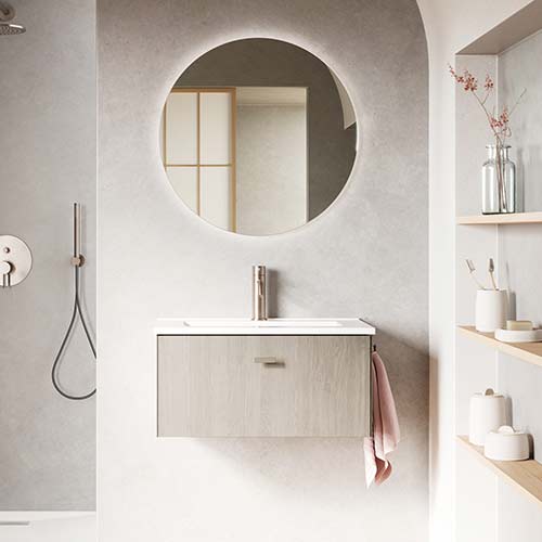 Mueble de baño MEI de 50 cm con un cajón. Acabado en Roble Blanco. | Incluye lavabo cerámico.