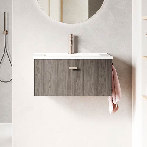 Mueble de baño MEI de 50 cm con un cajón. Acabado en Olmo Gris. | Incluye lavabo cerámico.