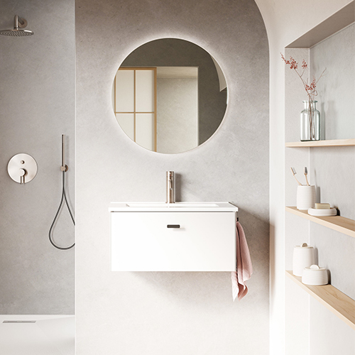 Mueble de baño MEI de 50 cm con un cajón + espejo KAWA. Acabado en Blanco Opaco. | Incluye lavabo cerámico.