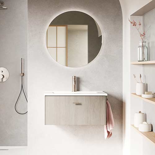 Mueble de baño MEI de 50 cm con un cajón + espejo KAWA. Acabado en Roble Blanco. | Incluye lavabo cerámico.