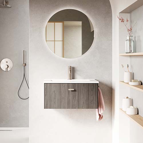 Mueble de baño MEI de 50 cm con un cajón + espejo KAWA. Acabado en Olmo Gris. | Incluye lavabo cerámico.