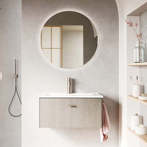 Mueble de baño MEI de 60 cm con un cajón. Acabado en Roble Blanco. | Incluye lavabo cerámico.