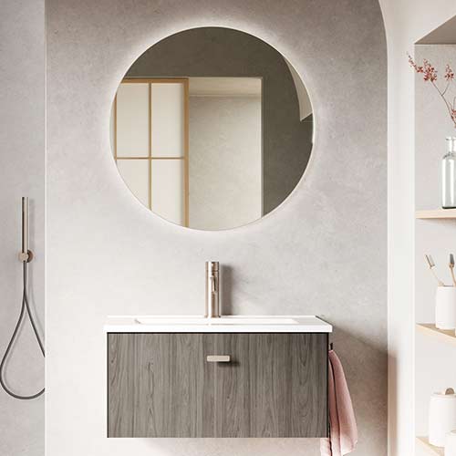 Mueble de baño MEI de 60 cm con un cajón. Acabado en Olmo Gris. | Incluye lavabo cerámico.