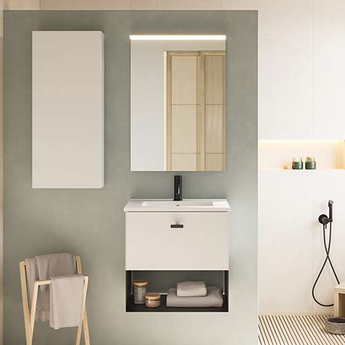 Mueble de baño MEI de 50 cm con un cajón y 1 hueco. Acabado en Blanco Opaco. | Incluye lavabo cerámico