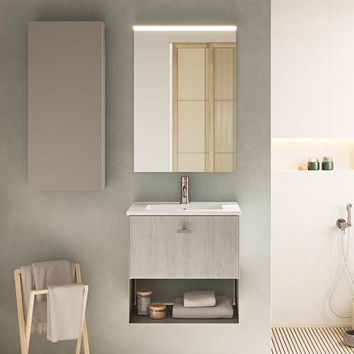 Mueble de baño MEI de 50 cm con un cajón y 1 hueco. Acabado en Roble Blanco. | Incluye lavabo cerámico