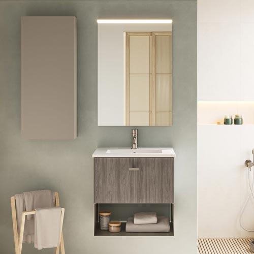 Mueble de baño MEI de 50 cm con un cajón y 1 hueco. Acabado en Olmo Gris. | Incluye lavabo cerámico