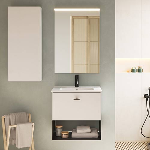 Mueble de baño MEI de 50 cm con un cajón y 1 hueco + Espejo KAWA. Acabado en Blanco Opaco. | Incluye lavabo cerámico