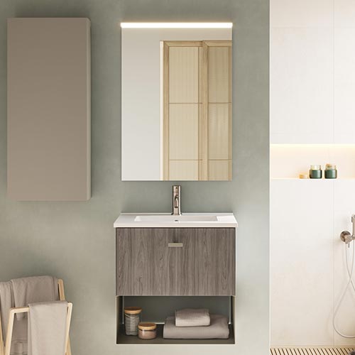Mueble de baño MEI de 50 cm con un cajón y 1 hueco + Espejo KAWA. Acabado en Olmo Gris. | Incluye lavabo cerámico