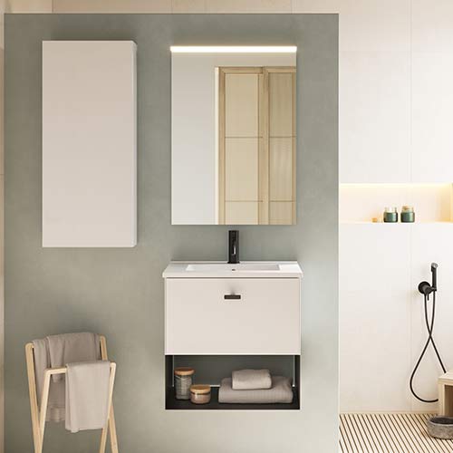 Mueble de baño MEI de 60 cm con un cajón y 1 hueco + Espejo KAWA. Acabado en Blanco Opaco. | Incluye lavabo cerámico