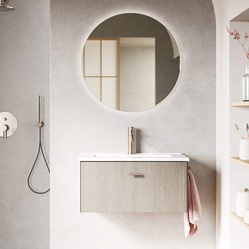 Mueble de baño MEI de 60 cm con un cajón y un hueco + Espejo KAWA. Acabado en Roble Blanco. | Incluye lavabo cerámico