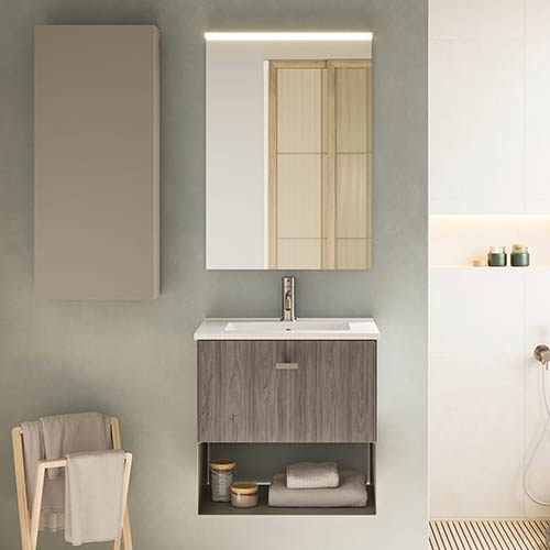 Mueble de baño MEI de 60 cm con un cajón y 1 hueco + Espejo KAWA. Acabado en Olmo Gris. | Incluye lavabo cerámico