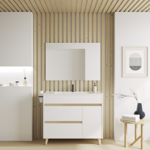 Mueble de Baño 90cm Incluye Lavabo Cerámico y Espejo Amizuva Kaori Una puerta  y dos cajones. Acabado en Blanco