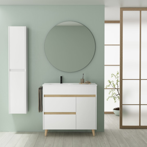 Mueble de Baño 100 cm con Lavabo Cerámico Kaori Una puerta y dos cajones. Acabado en Blanco