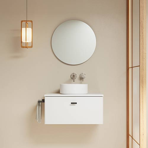 Mueble de baño MEI TOP de 50 cm con un cajón + Espejo KAWA. Acabado en Blanco Opaco. | Incluye lavabo cerámico