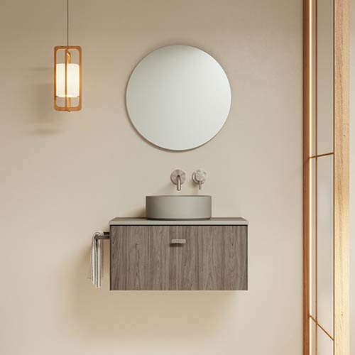 Mueble de baño MEI TOP de 60 cm con un cajón + Espejo KAWA. Acabado en Olmo Gris. | Incluye lavabo cerámico