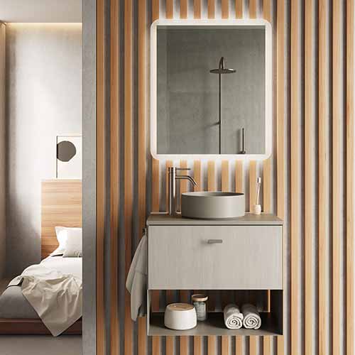 Mueble de baño MEI TOP de 60 cm con un cajón y un hueco. Acabado en Roble Blanco. | Incluye lavabo cerámico