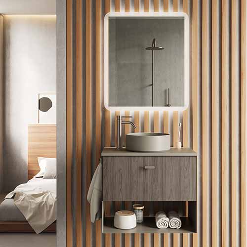 Mueble de baño MEI TOP de 60 cm con un cajón y un hueco + Espejo KAWA. Acabado en Olmo Gris. | Incluye lavabo cerámico