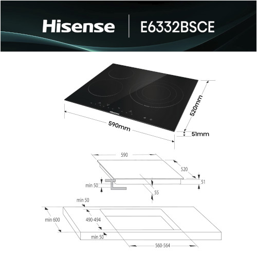 Vitrocerámica 3 Zonas 60cm Hisense E6332BSCE 1 Zona 30cm Negro - foto 3