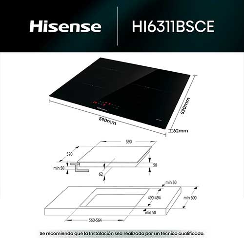 Placa de Inducción 60cm 3 Zonas Hisense HI6311BSCE 1 Zona 29 cmNegro - foto 3