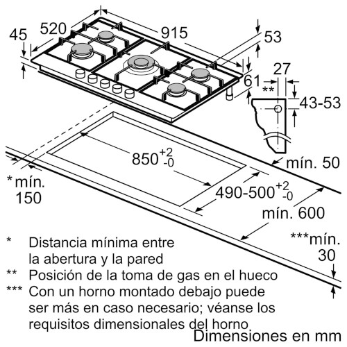 Encimera Gas 5 Fuegos 90cm Bosch PCR9A5I90 Natural Inox - foto 3