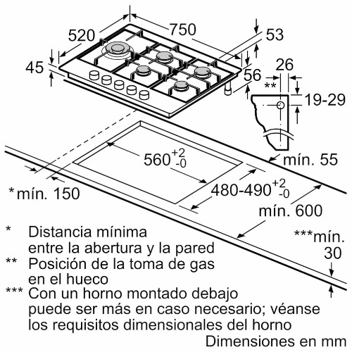 Encimera Gas 5 Fuegos 75cm Bosch PCS7A5I90 Natural Inox - foto 3