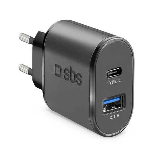 Cargador Viaje Carga Rápida USB-A + USB-C SBS TETRAVUSBTC2AFAST Negro