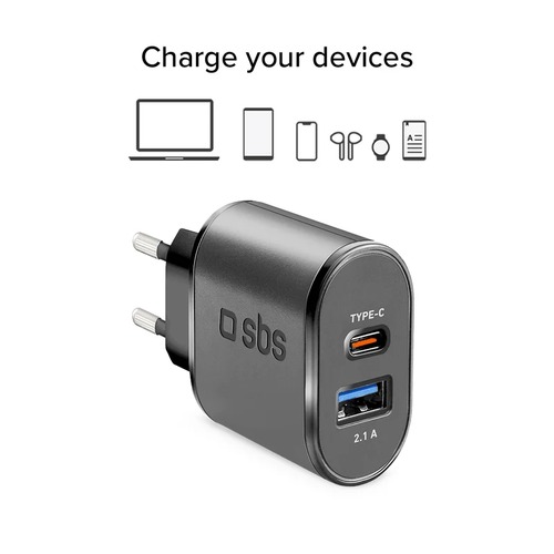 Cargador Viaje Carga Rápida USB-A + USB-C SBS TETRAVUSBTC2AFAST Negro - foto 2