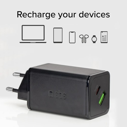 Cargador de Pared GaN 65 W SBS TETRGANUSBCPD65W USB-C + USB-A Carga Ultrarápida Negro - foto 2