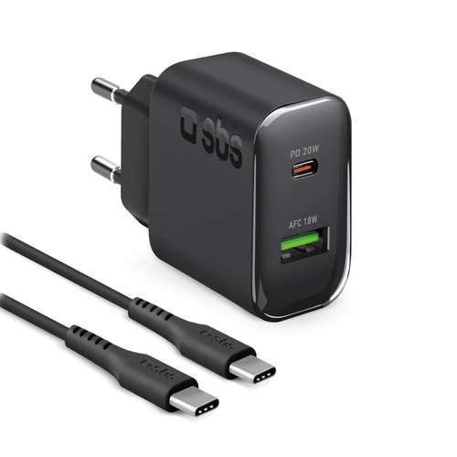 Kit Cargador de Pared 20 W con Cable USB-C USB-C + USB-A + cable USB-C a USB-C 1,5 m SBS TEKITTRPDCCK Negro